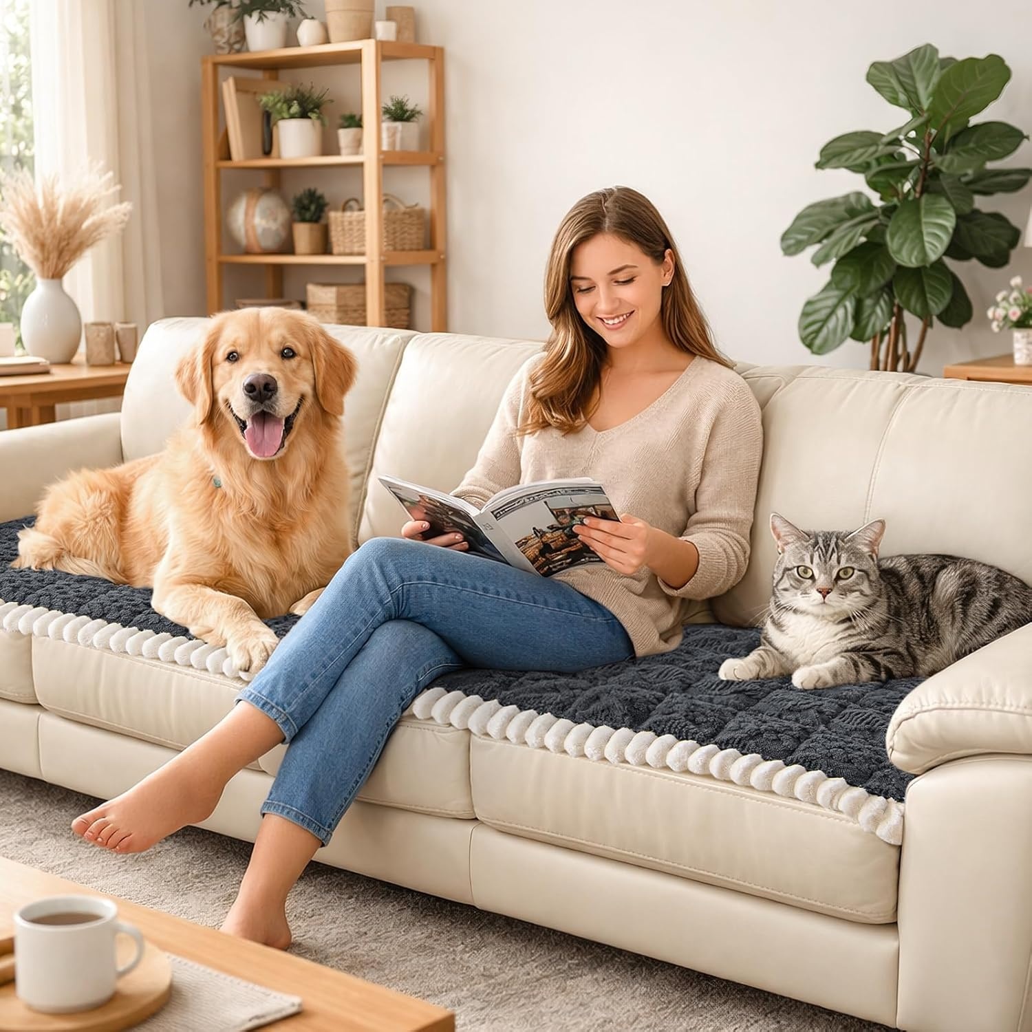 image:imageLOOBANI Couch Cover for Dogs Washable Non Slip Fuzzy Plush Pet Couch Covers for 2 Seat Sofa Hair Resistant Sofa Protector Pet Friendly Home Decor Couch Slipcover 276 x 59 CoffeeGrey