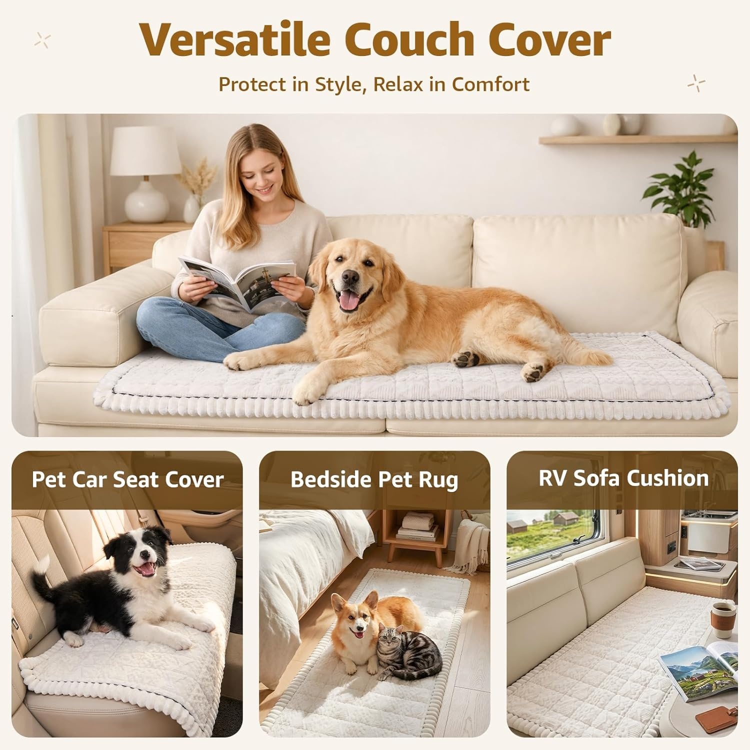 image:imageLOOBANI Couch Cover for Dogs Washable Non Slip Fuzzy Plush Pet Couch Covers for 2 Seat Sofa Hair Resistant Sofa Protector Pet Friendly Home Decor Couch Slipcover 276 x 59 CoffeeWhite