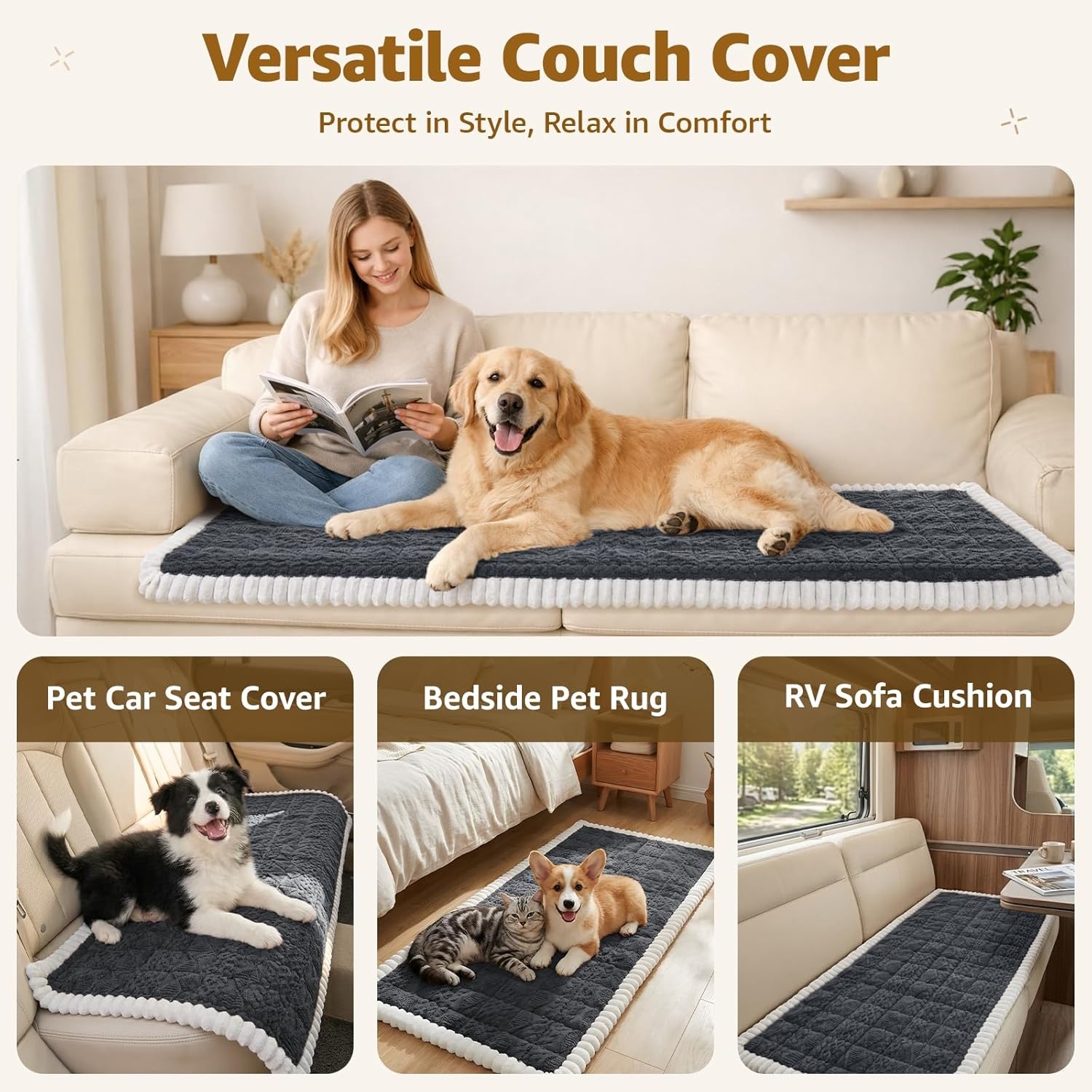 image:imageLOOBANI Couch Cover for Dogs Washable Non Slip Fuzzy Plush Pet Couch Covers for 2 Seat Sofa Hair Resistant Sofa Protector Pet Friendly Home Decor Couch Slipcover 276 x 59 CoffeeGrey