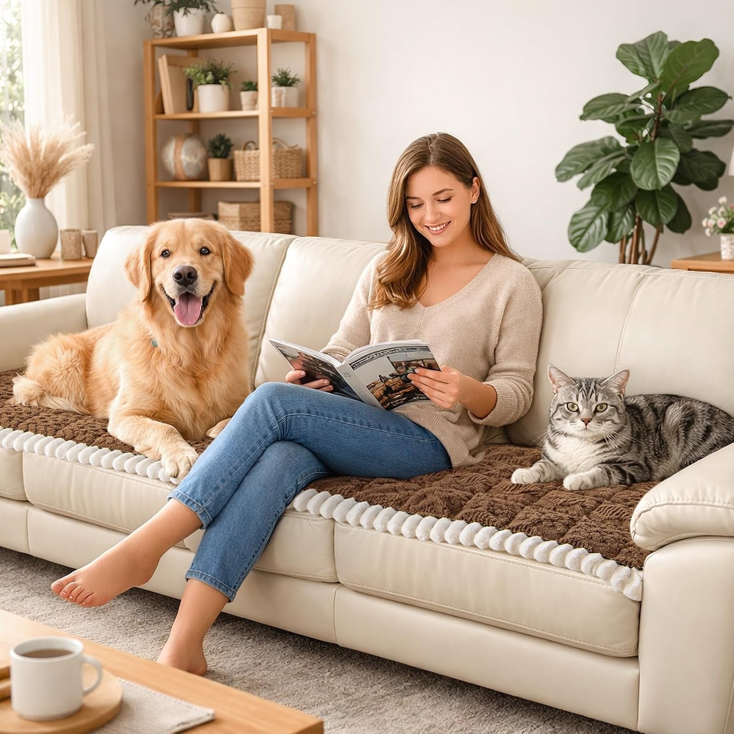 image:imageLOOBANI Couch Cover for Dogs Washable Non Slip Fuzzy Plush Pet Couch Covers for 2 Seat Sofa Hair Resistant Sofa Protector Pet Friendly Home Decor Couch Slipcover 276 x 59 CoffeeCoffee