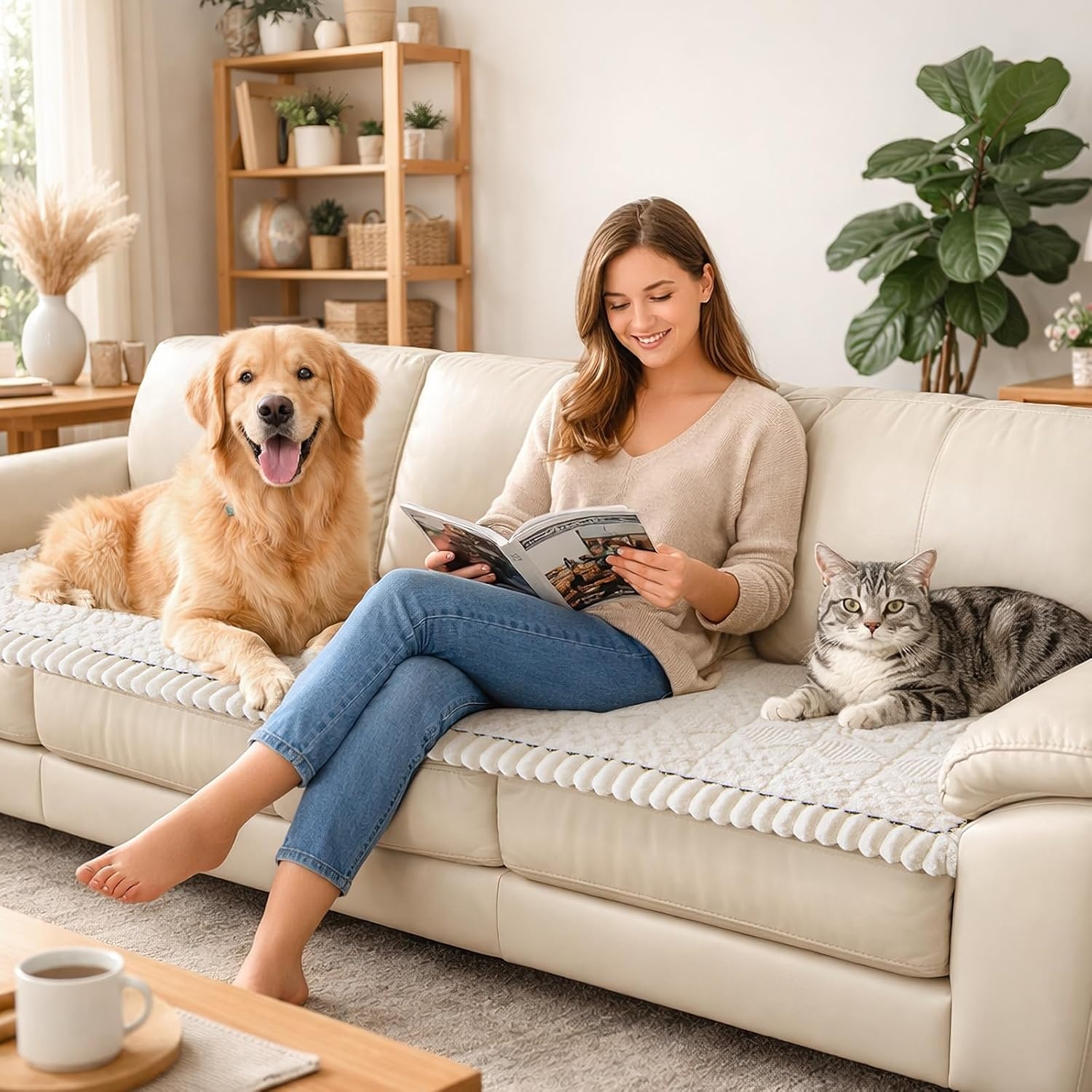 image:imageLOOBANI Couch Cover for Dogs Washable Non Slip Fuzzy Plush Pet Couch Covers for 2 Seat Sofa Hair Resistant Sofa Protector Pet Friendly Home Decor Couch Slipcover 276 x 59 CoffeeWhite