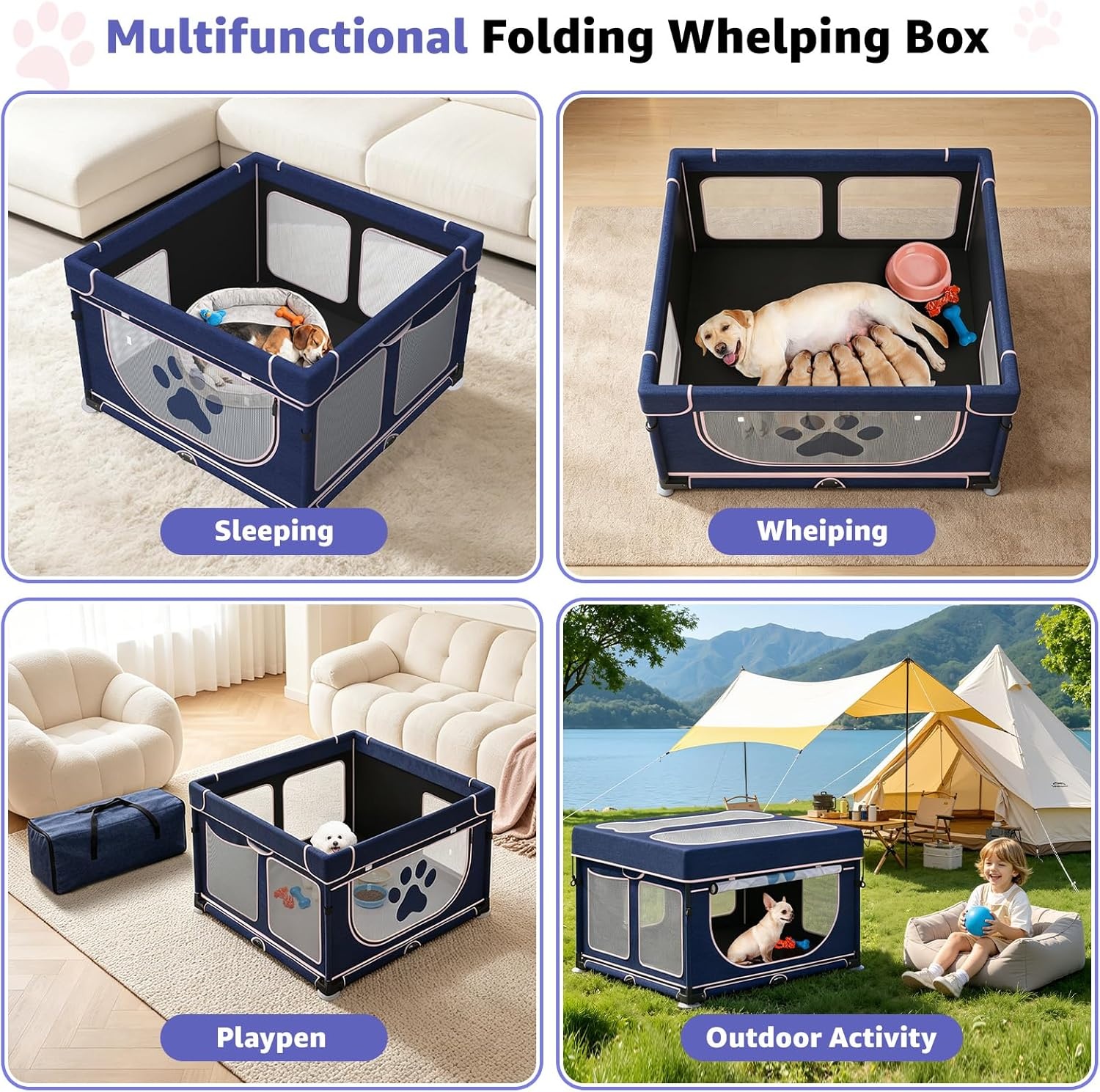 image:imageLOOBANI Foldable Dog Playpen with Cover 1 Min Setup Pet Puppy Playpen Indoor Sturdy Reinforced SteelIron Frame Dog Fence Portable Whelping Box for Home Dog Cat Rabbit433x433x271PatentedBluePink