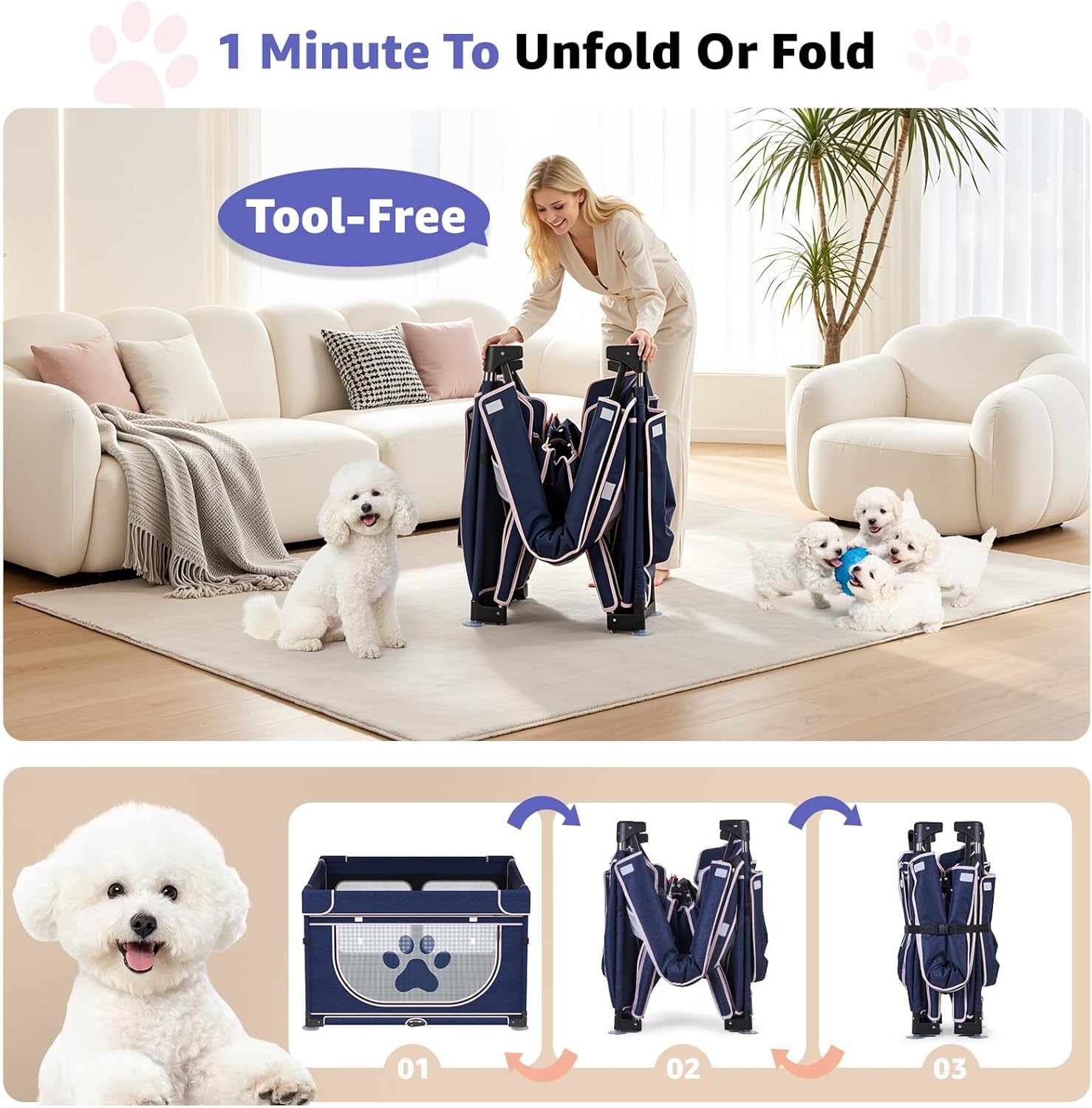 image:imageLOOBANI Foldable Dog Playpen with Cover 1 Min Setup Pet Puppy Playpen Indoor Sturdy Reinforced SteelIron Frame Dog Fence Portable Whelping Box for Home Dog Cat Rabbit433x433x271PatentedBluePink
