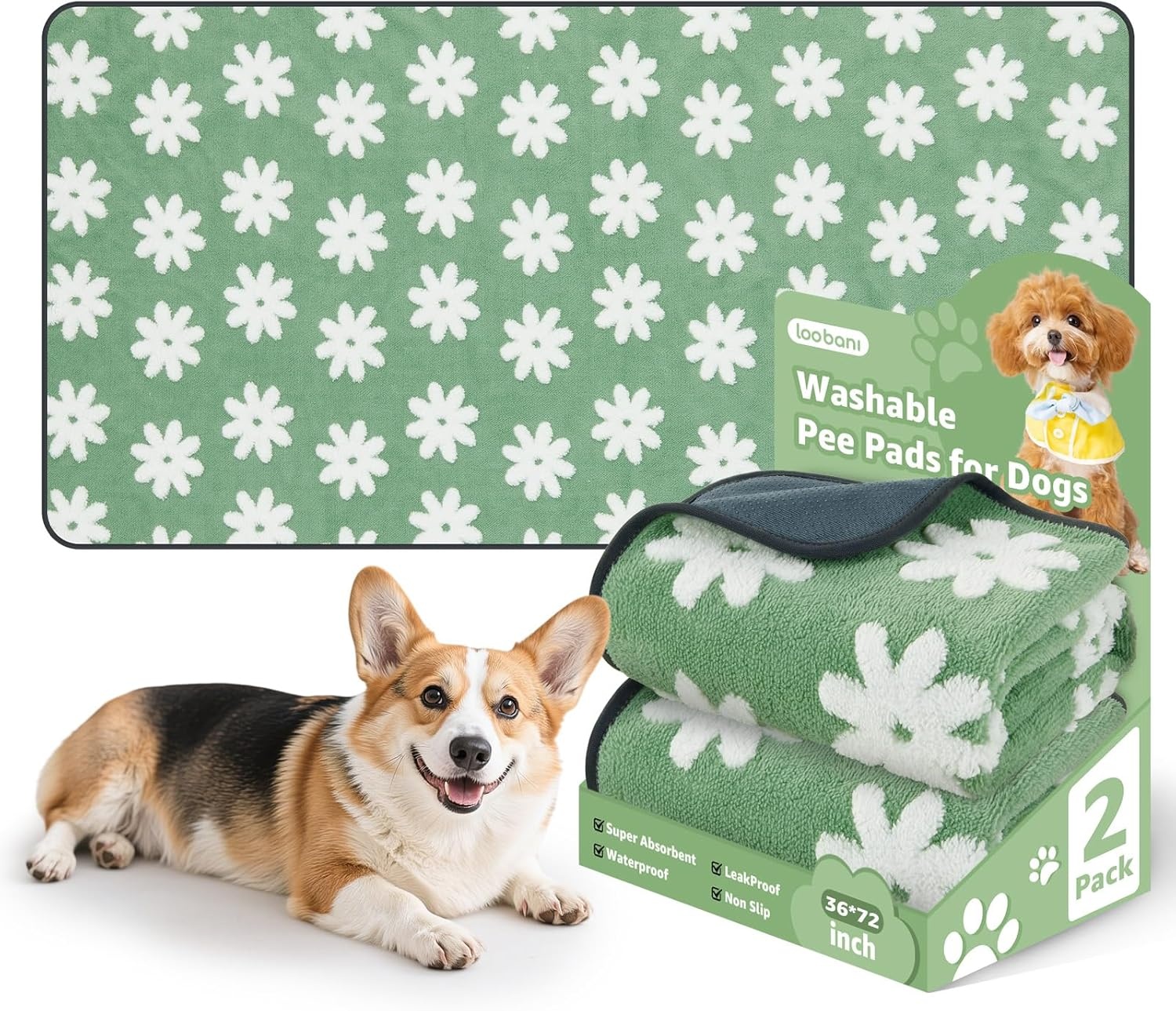image:imageLOOBANI Washable Pee Pads for Dogs 2 Pack Super Absorbent Reusable Puppy Pads Leakproof and Waterproof Dog Training Pads Whelping Pads for Potty Floor Crate Couch Bed and Travel 18x24Green Daisy