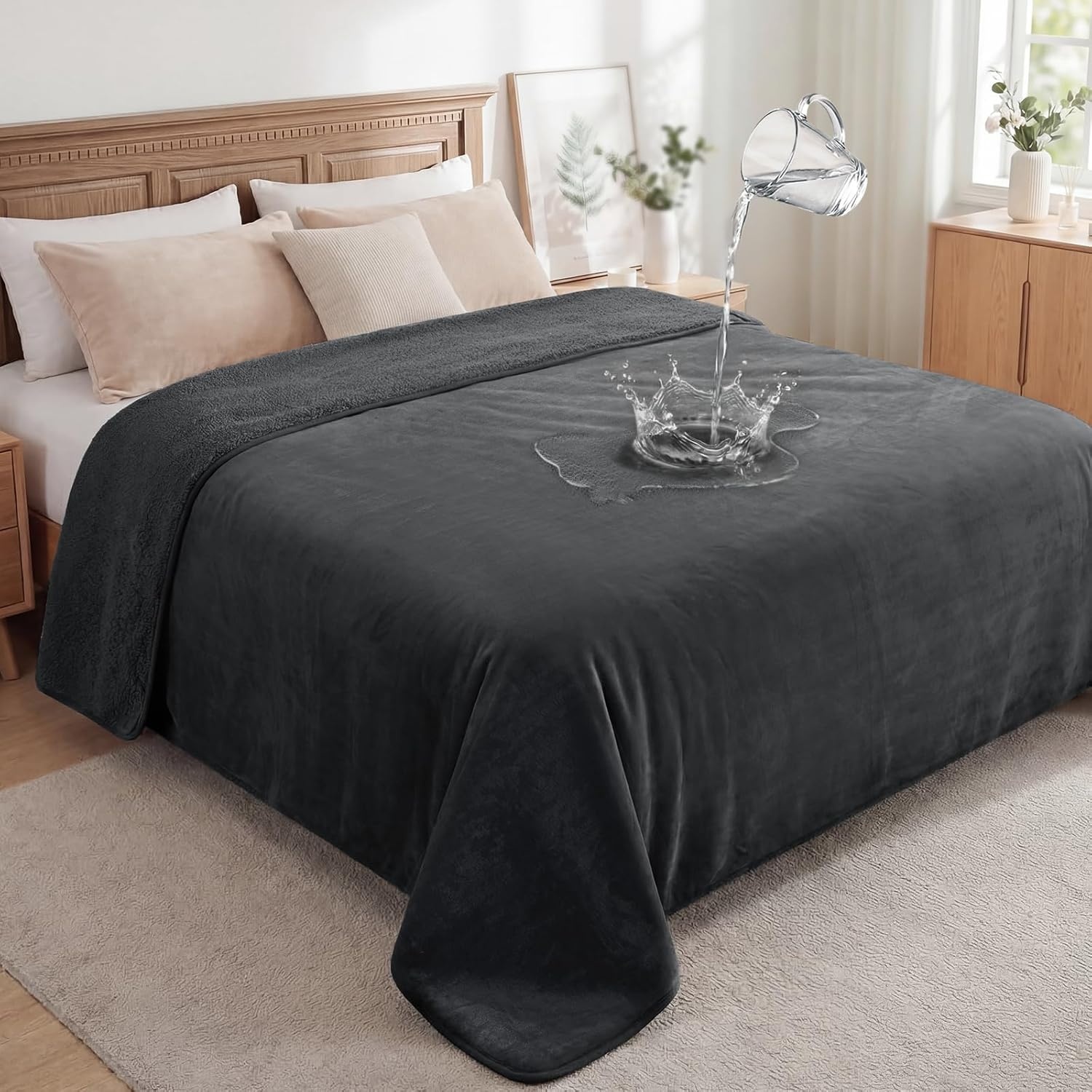 image:imageLOOBANI Waterproof Blanket for Bed Couch Sofa 60 x 80 Reversible Flannel Sherpa Fleece Throw Blanket Leakproof Soft Twin XL Bed Blanket SpillProof Dog Cat Blanket for Travel Camping GreyGrey