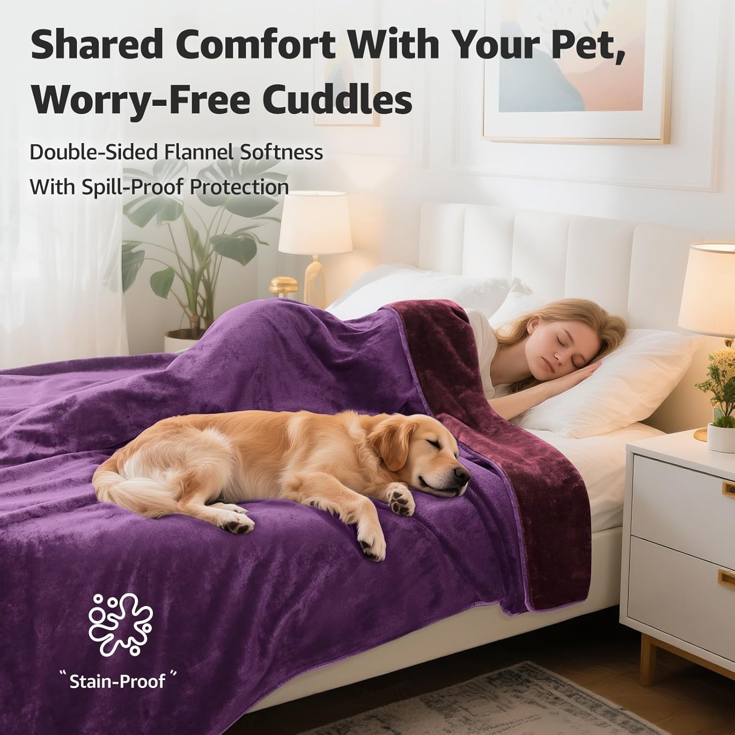 image:imageLOOBANI Waterproof Dog Blanket for Couch Reversible Flannel Bed Blanket for Medium Large Dogs Liquid Proof Soft Throw Blanket Couch Cover Protector for Sofa Crate Travel Picnic 50 x 60 GreyPurple