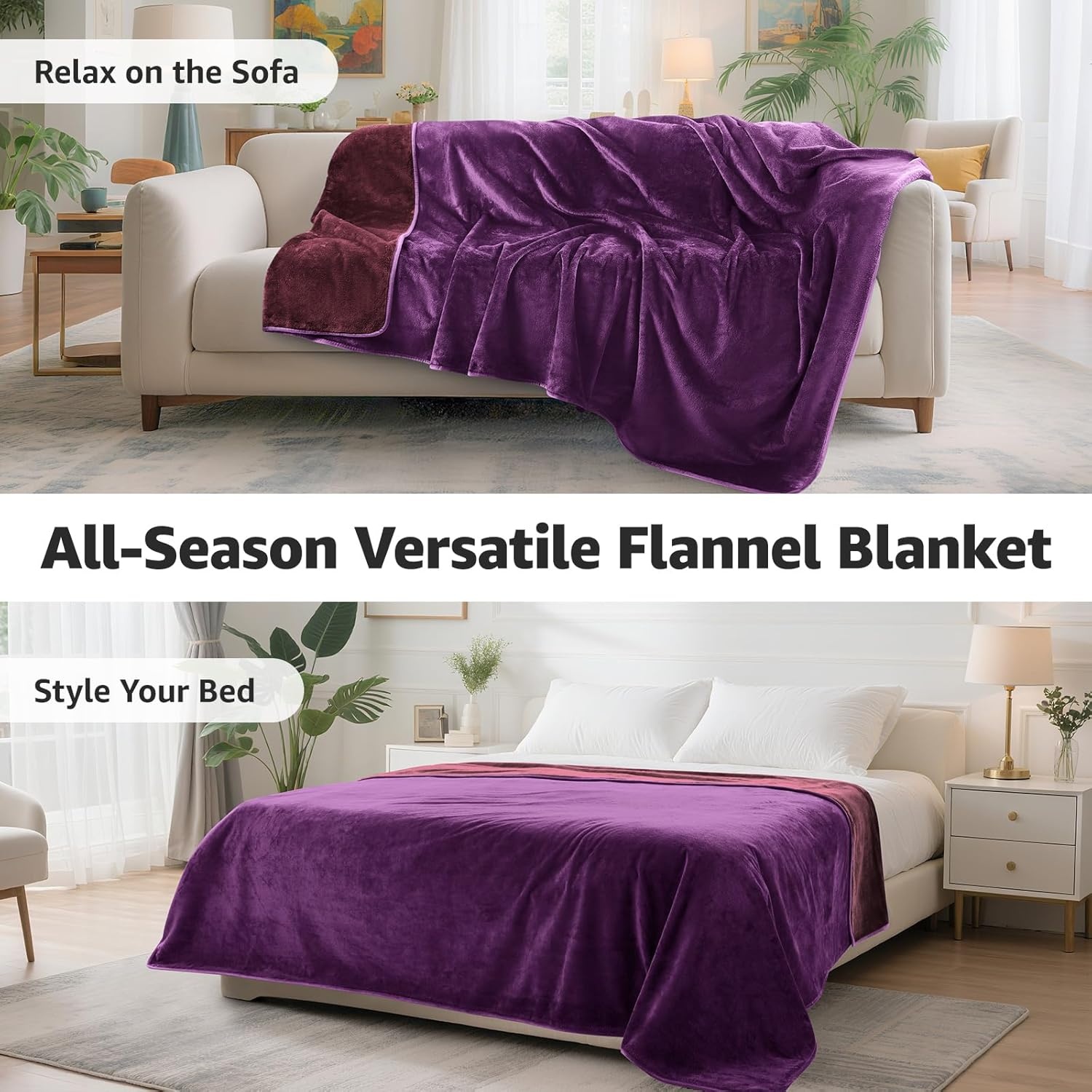 image:imageLOOBANI Waterproof Dog Blanket for Couch Reversible Flannel Bed Blanket for Medium Large Dogs Liquid Proof Soft Throw Blanket Couch Cover Protector for Sofa Crate Travel Picnic 50 x 60 GreyPurple