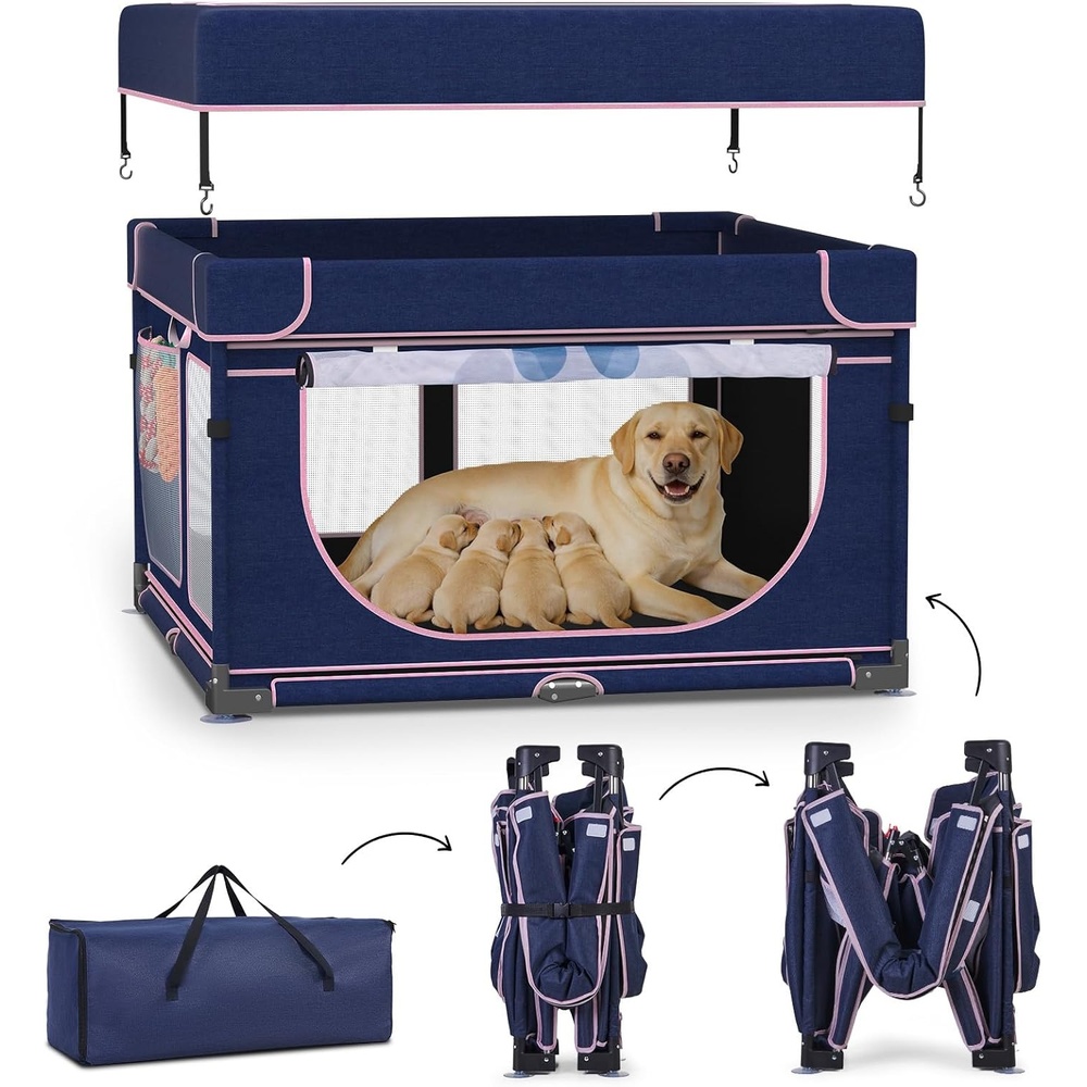 image:imageLOOBANI Foldable Dog Playpen with Cover 1 Min Setup Pet Puppy Playpen Indoor Sturdy Reinforced SteelIron Frame Dog Fence Portable Whelping Box for Home Dog Cat Rabbit433x433x271PatentedBluePink