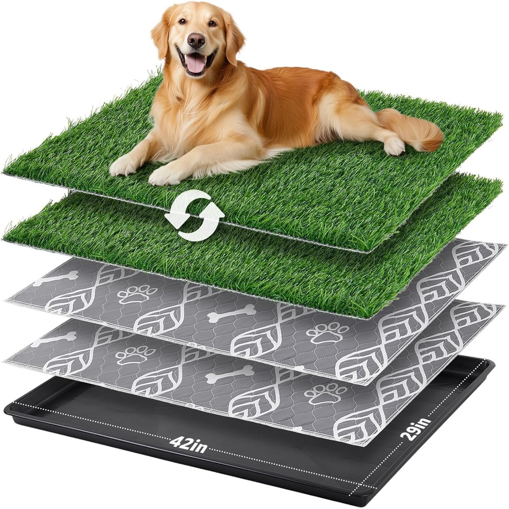 image:imageLOOBANI 41x27in Large Dog Litter Box with 2 Artificial Grass Patch 2 Washable Pee Pads Quickly Absorbency Portable Patio Potty for Balcony Apartment Use4529 5Layer Potty System