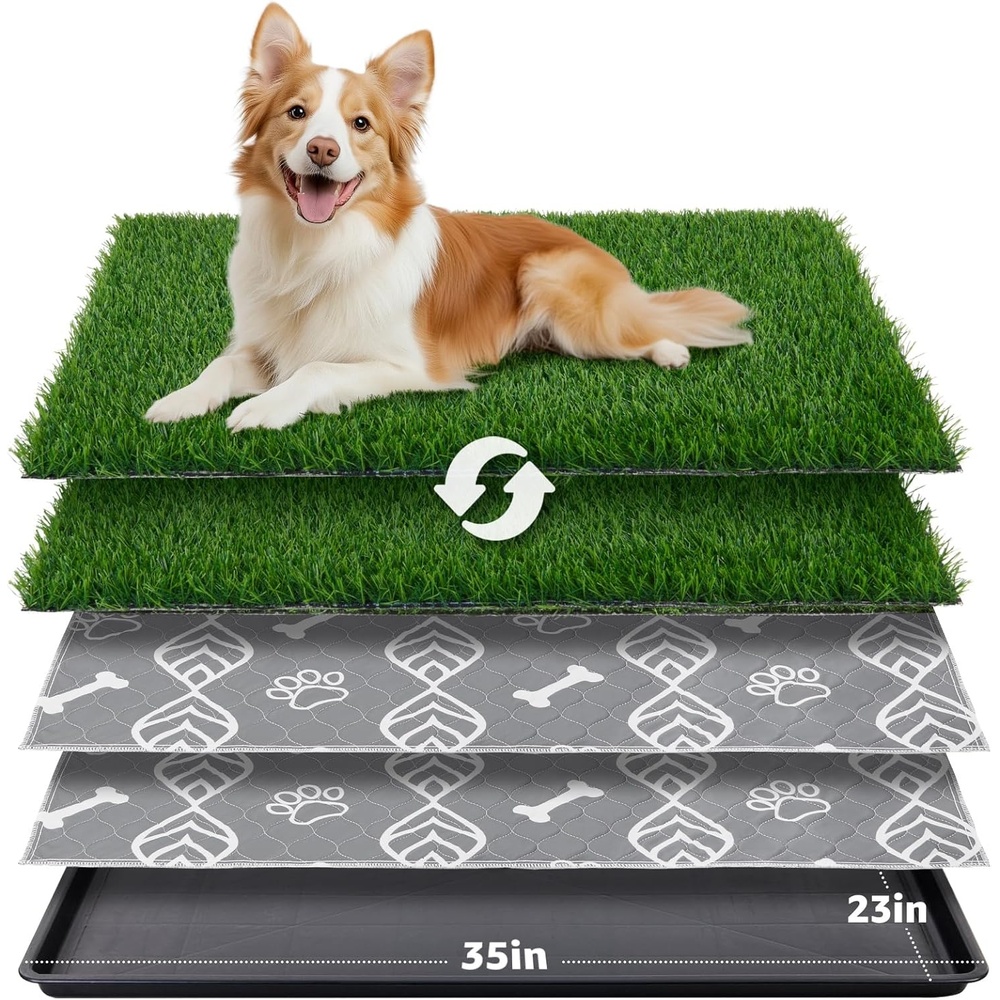 image:imageLOOBANI Large Dog Grass Pad with Tray 35x23in Dog Litter Box with 2 Artificial Grass Patch 2 Washable Pee Pads Quickly Absorbency Indoor Outdoor Potty for Patio Balcony Apartment Use3523 5Layer Potty System