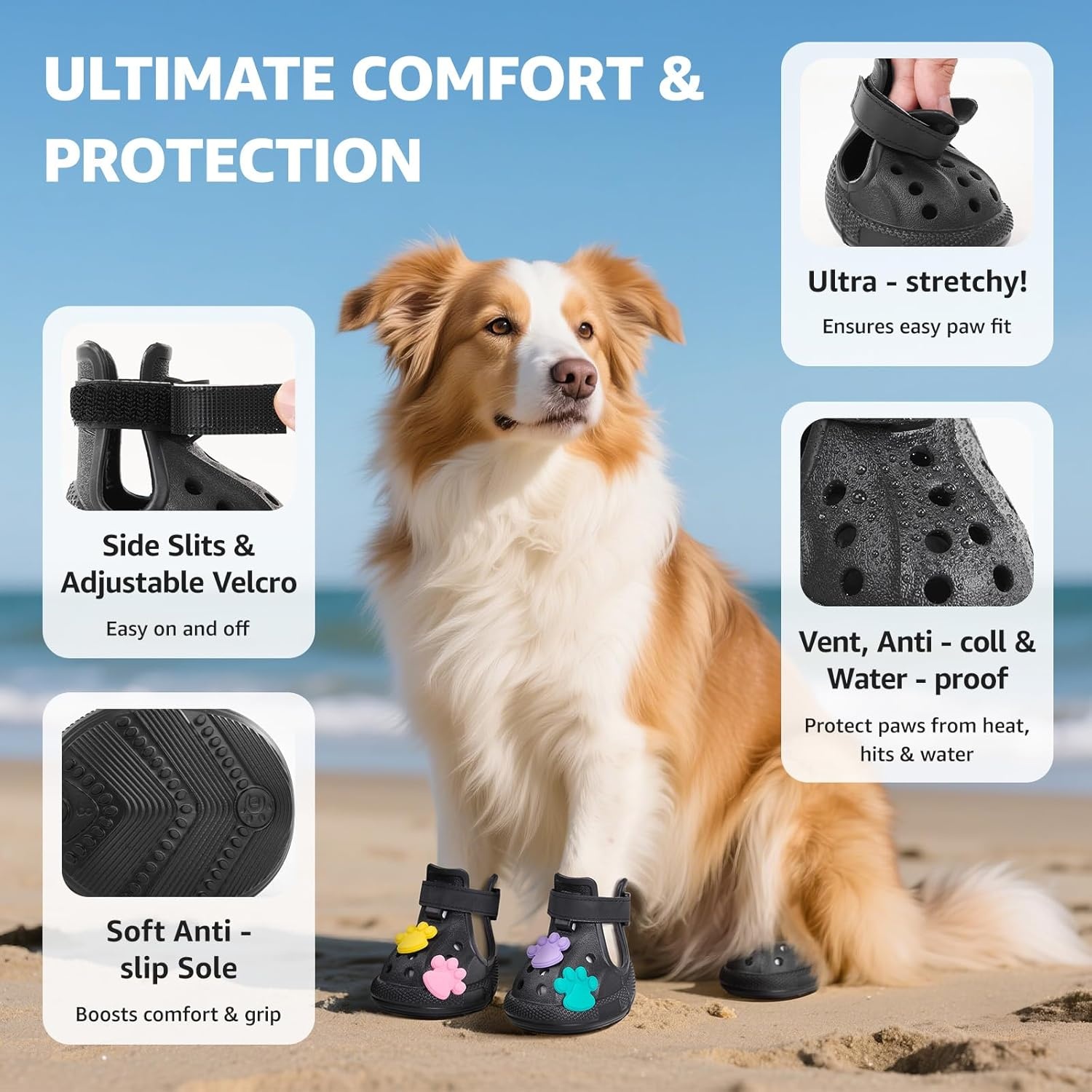 image:imageDog Shoes for Hot Pavement Dog Shoe for Small Size DogsDog Boots amp Paw ProtectorsEasy ON amp Off NonSlipOutdoor Dog Booties with Reflective Strap for Beach and SnowBlackSize6BlackDog Crocs