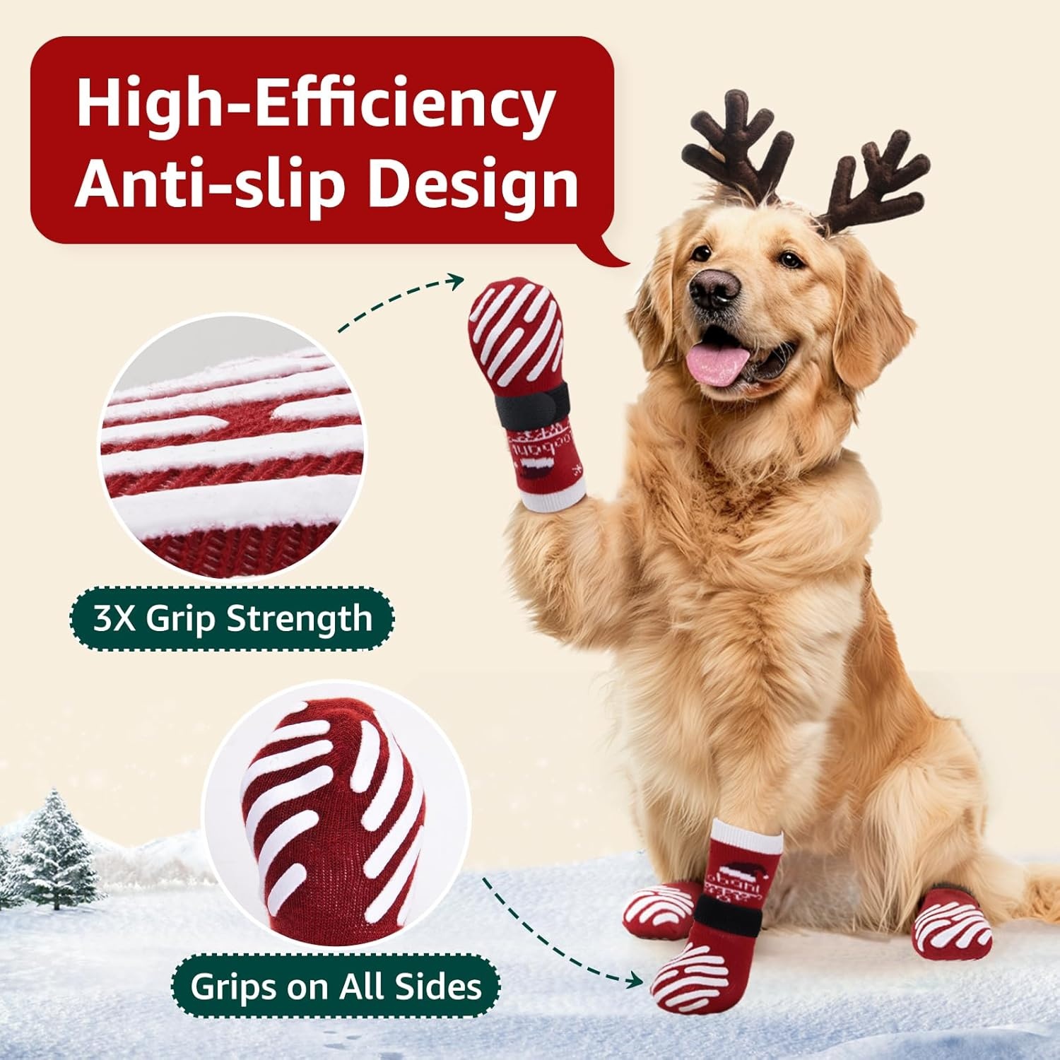 image:imageLOOBANI Christmas Double Side AntiSlip Soft Dog Socks to Prevent Licking Paws on Hardwood Floors Dog Paw Grip Protector for HotCold Pavement Traction Control for Senior Dogs Red L