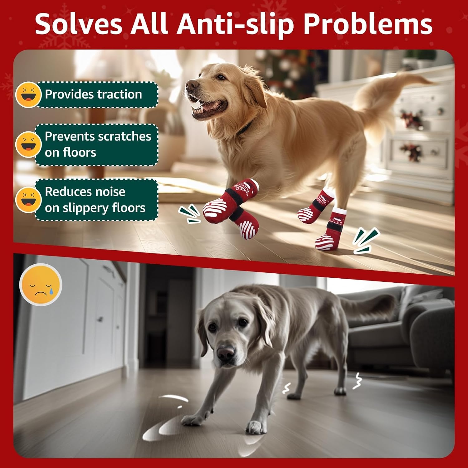 image:imageLOOBANI Christmas Double Side AntiSlip Soft Dog Socks to Prevent Licking Paws on Hardwood Floors Dog Paw Grip Protector for HotCold Pavement Traction Control for Senior Dogs Red L