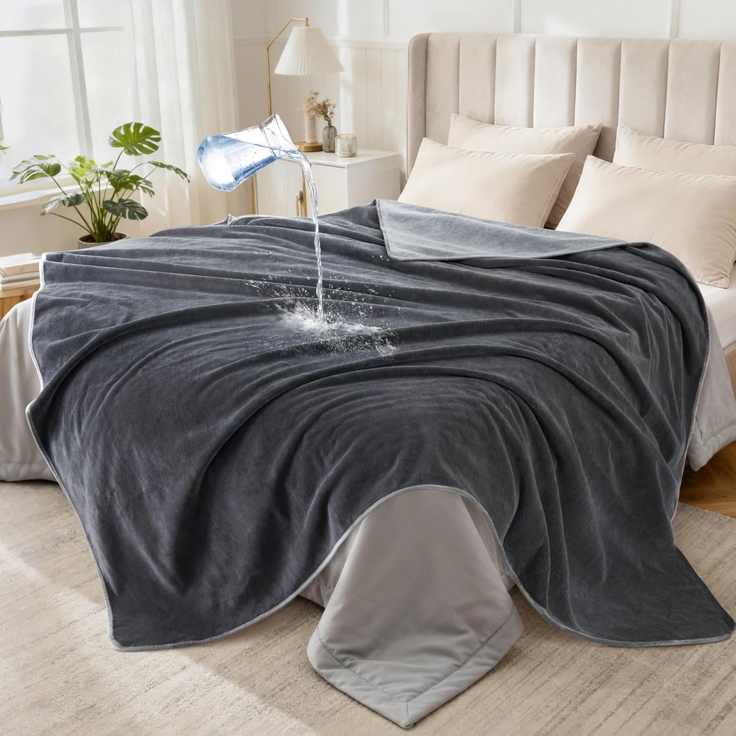image:imageLOOBANI Waterproof Throw Blanket for Couch Reversible Leakproof Couch Blanket 40 x 60 Soft Coral Fleece Bed Blanket StainProof for Sofa Cover Pet Accidents Travel GreenGrey