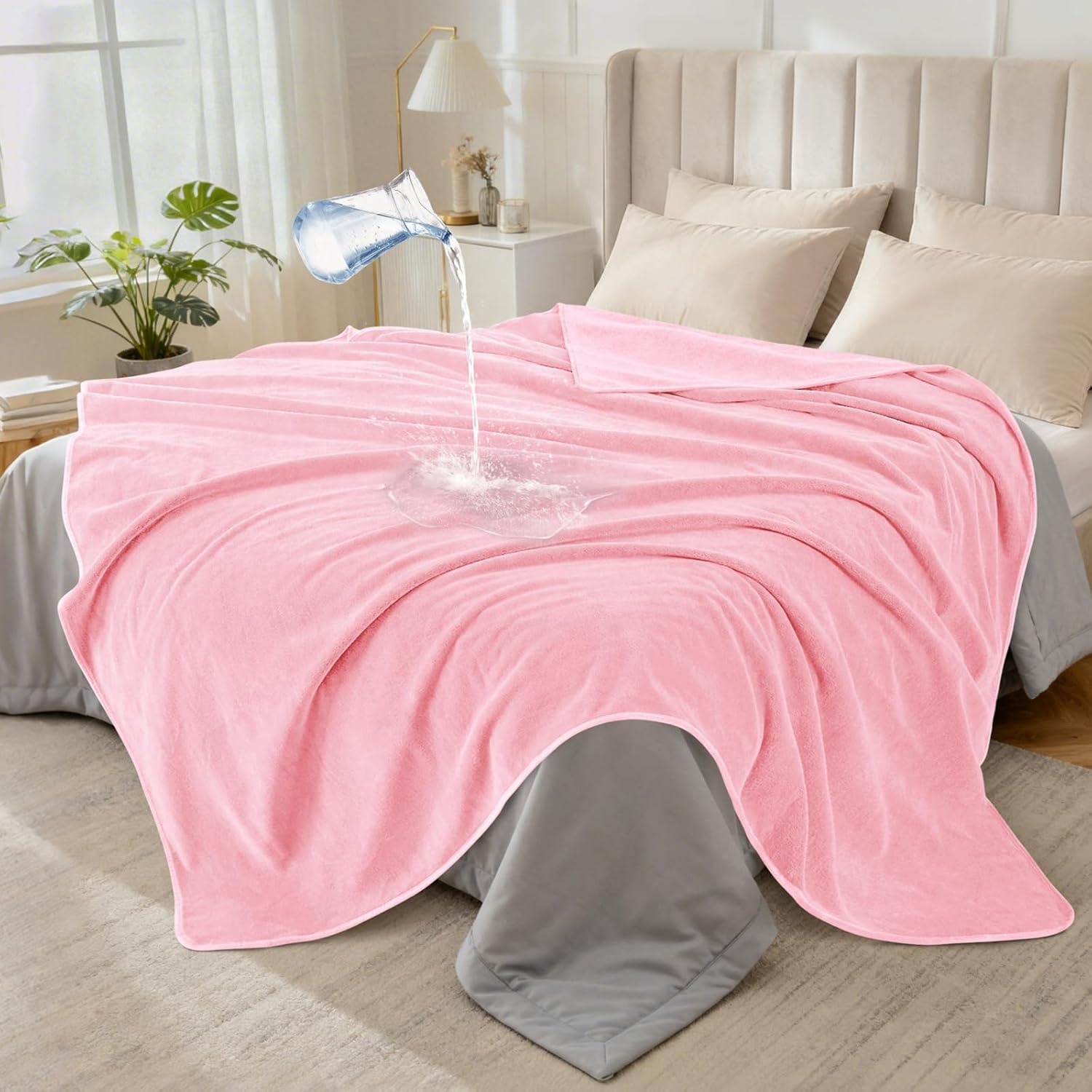 image:imageLOOBANI Waterproof Throw Blanket for Couch Reversible Leakproof Couch Blanket 40 x 60 Soft Coral Fleece Bed Blanket StainProof for Sofa Cover Pet Accidents Travel GreenPink