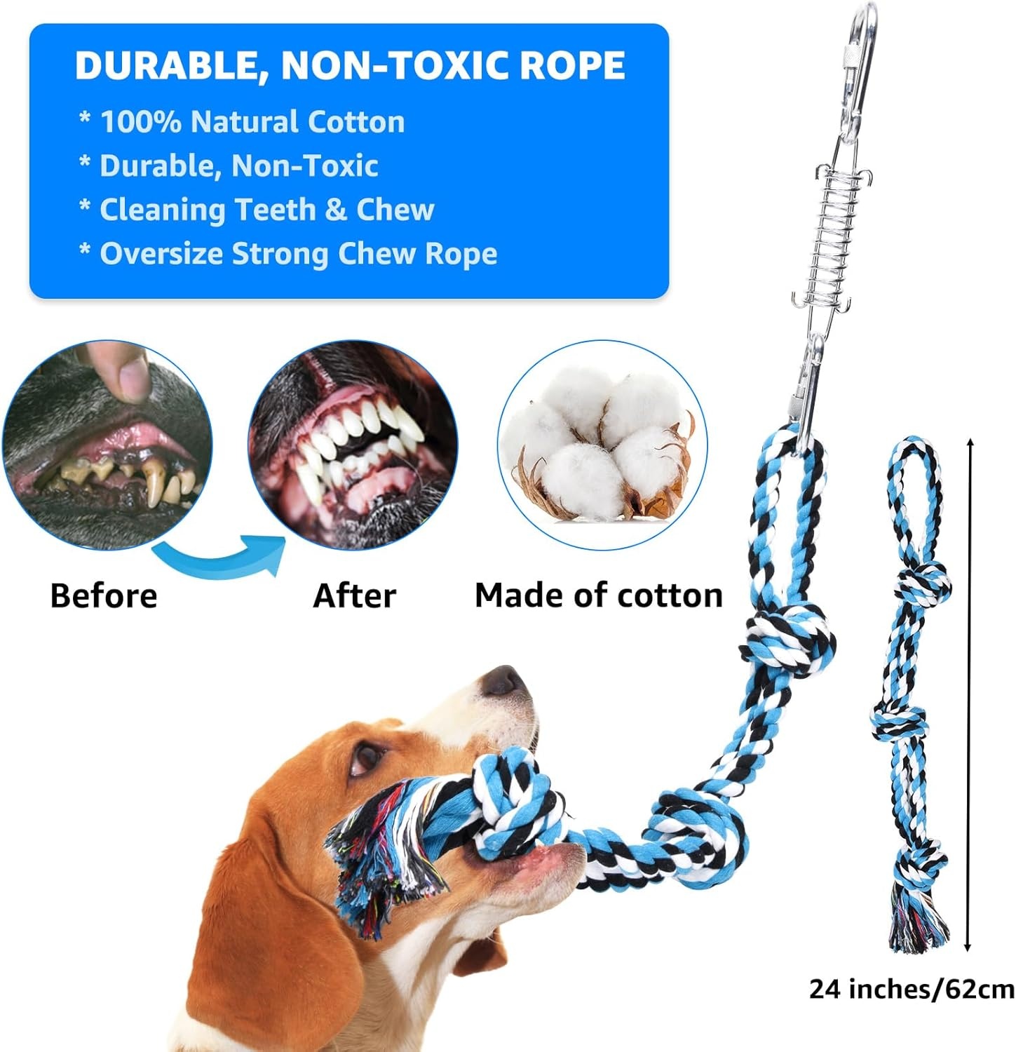 image:imageLOOBANI Outdoor Bungee Tug Toy Dog Toy Hanging from Tree for Small to Large Dogs Interactive Exercise Play Cord amp Tether with Chew Rope Toy Tree Stump Tug of WarBlackBlueWhite