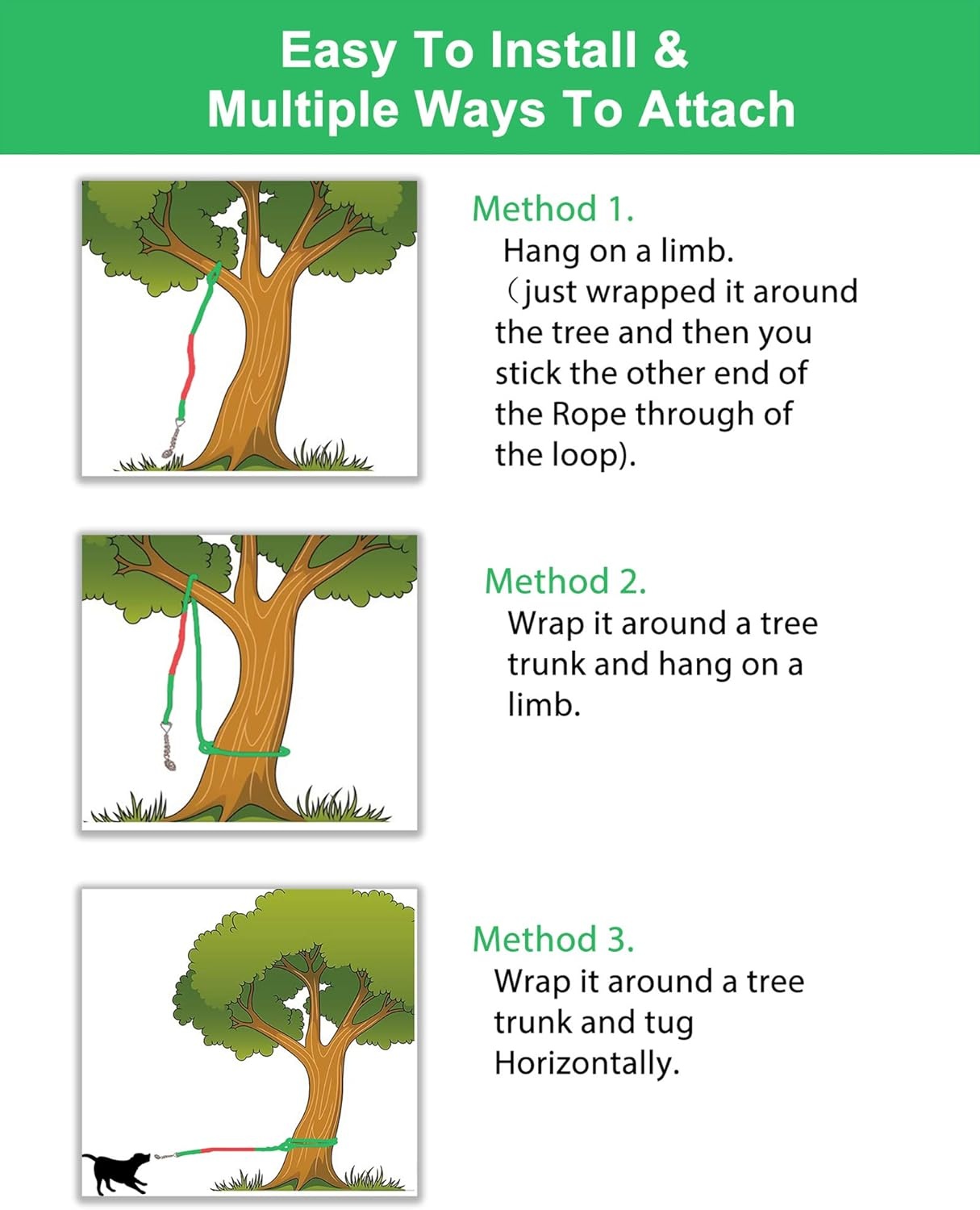 image:imageLOOBANI Outdoor Bungee Tug Toy Dog Toy Hanging from Tree for Small to Large Dogs Interactive Exercise Play Cord amp Tether with Chew Rope Toy Tree Stump Tug of WarBlackRedGreen