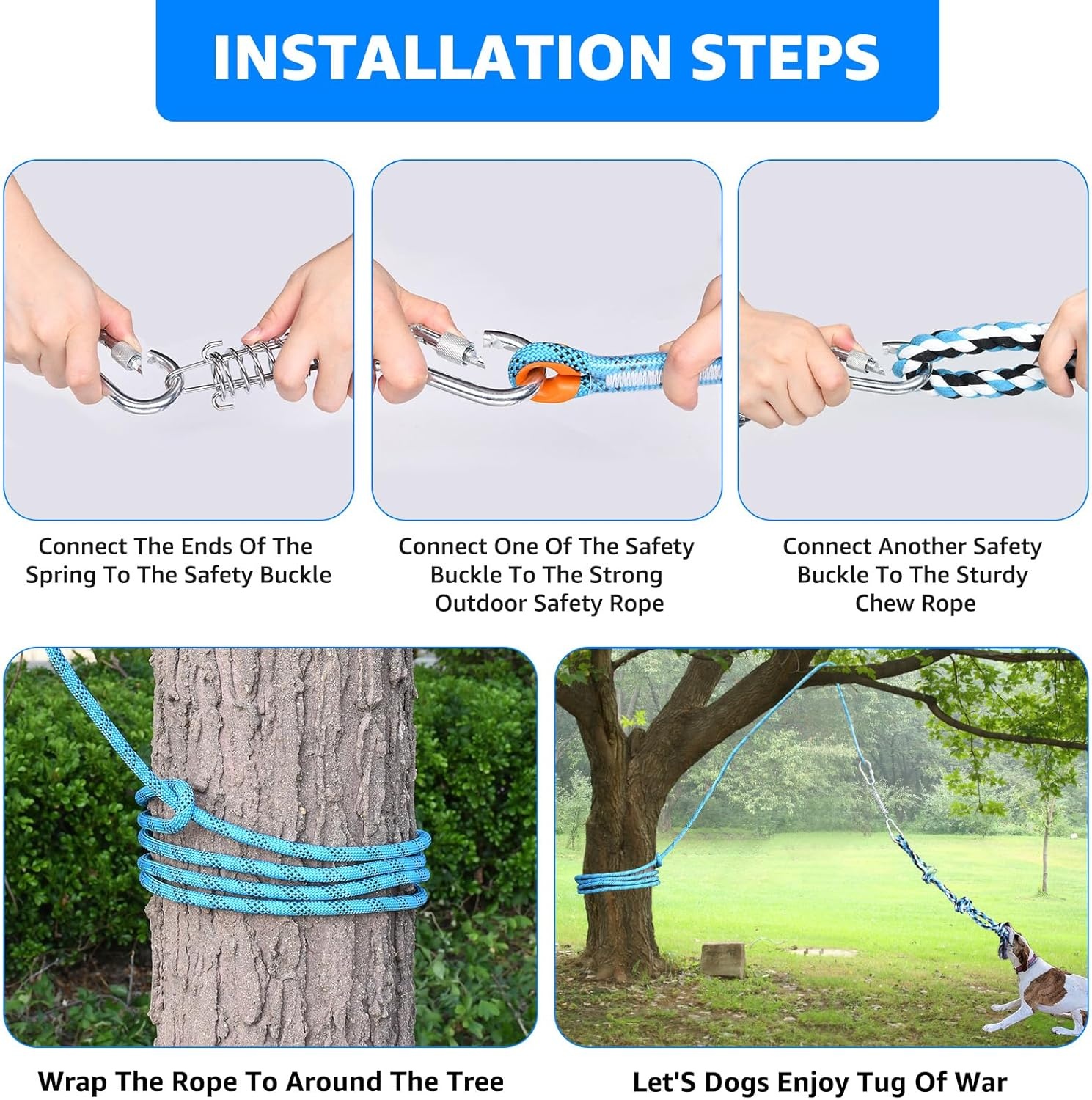 image:imageLOOBANI Outdoor Bungee Tug Toy Dog Toy Hanging from Tree for Small to Large Dogs Interactive Exercise Play Cord amp Tether with Chew Rope Toy Tree Stump Tug of WarBlackBlueWhite