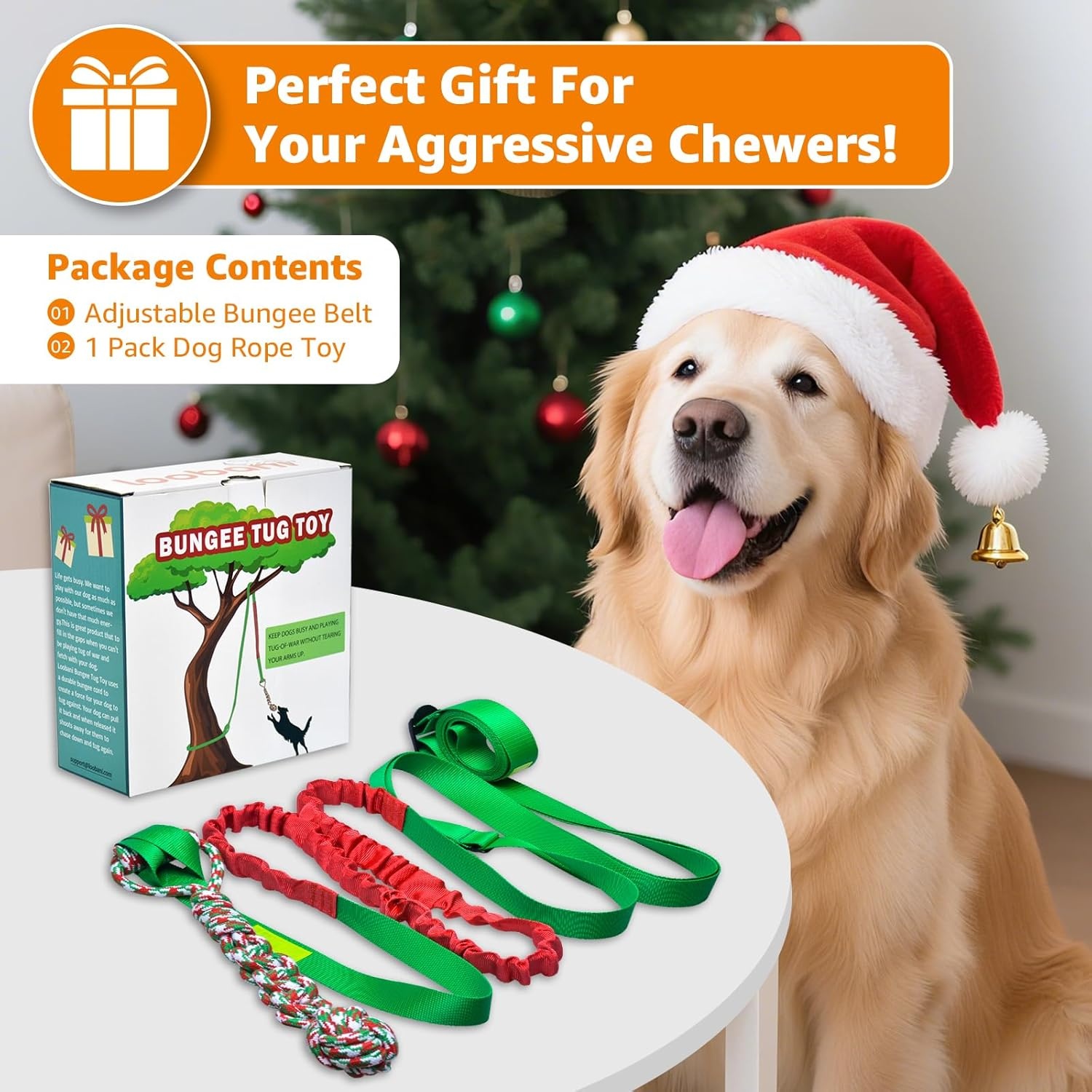 image:imageLOOBANI Outdoor Bungee Tug Toy Dog Toy Hanging from Tree for Small to Large Dogs Interactive Exercise Play Cord amp Tether with Chew Rope Toy Tree Stump Tug of WarBlackRedGreen