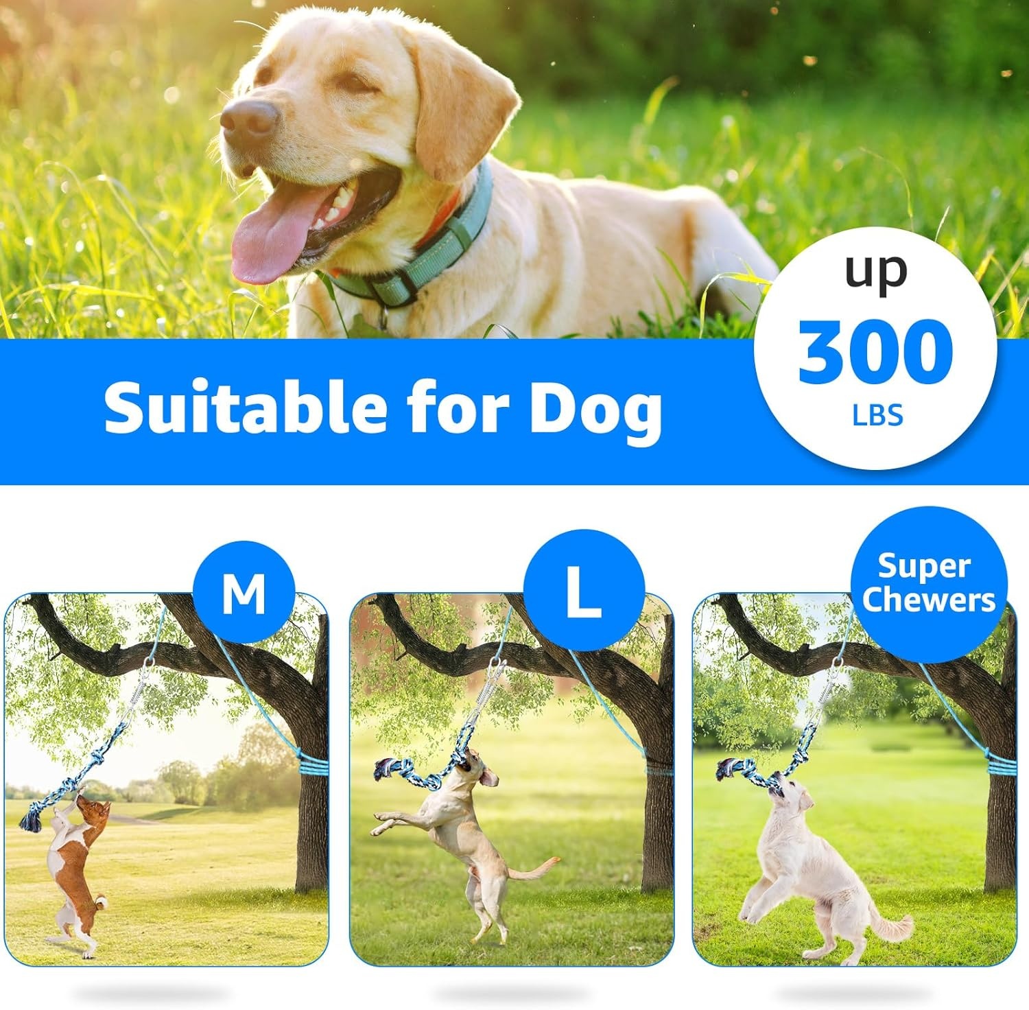 image:imageLOOBANI Outdoor Bungee Tug Toy Dog Toy Hanging from Tree for Small to Large Dogs Interactive Exercise Play Cord amp Tether with Chew Rope Toy Tree Stump Tug of WarBlackBlueWhite