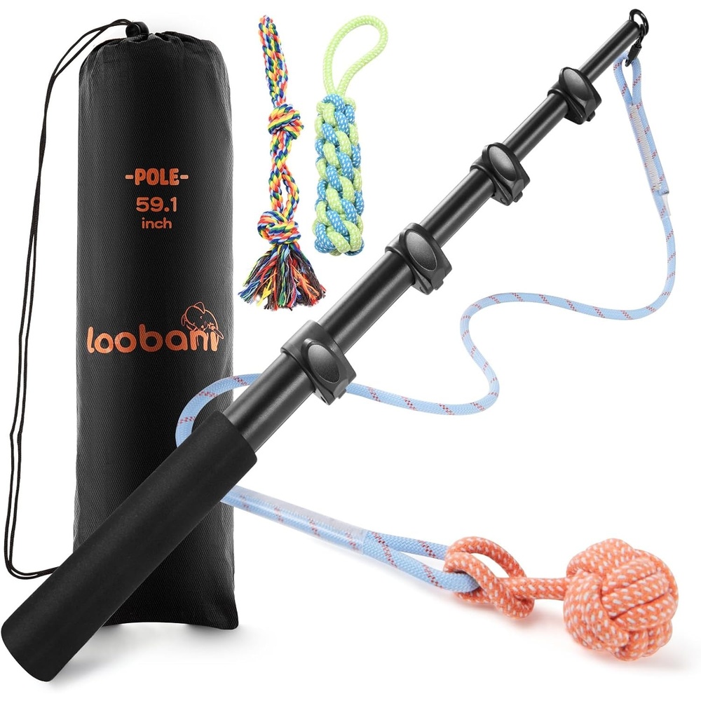 image:imageLOOBANI Flirt Pole for Dogs Chase amp Tug of War Extendable Teaser Wand with Detachable Toys 591in