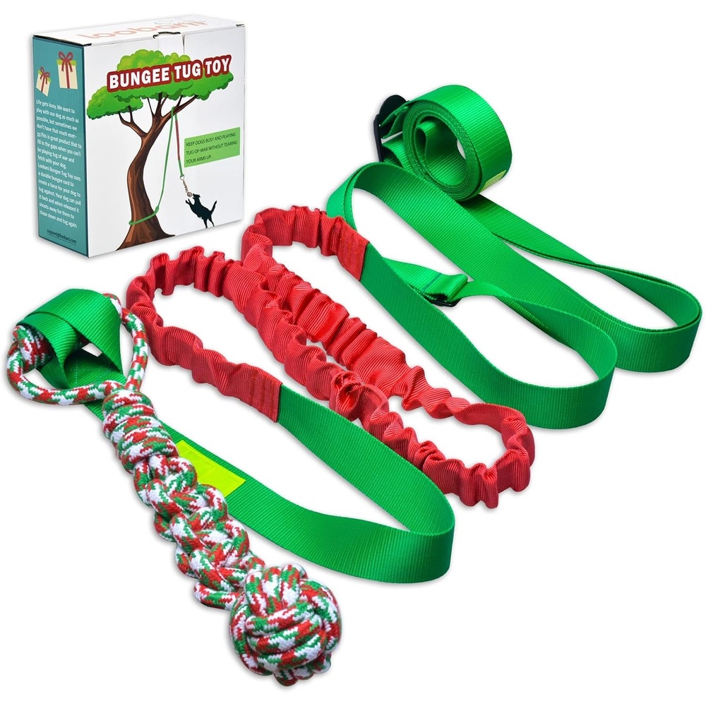 image:imageLOOBANI Outdoor Bungee Tug Toy Dog Toy Hanging from Tree for Small to Large Dogs Interactive Exercise Play Cord amp Tether with Chew Rope Toy Tree Stump Tug of WarBlackRedGreen